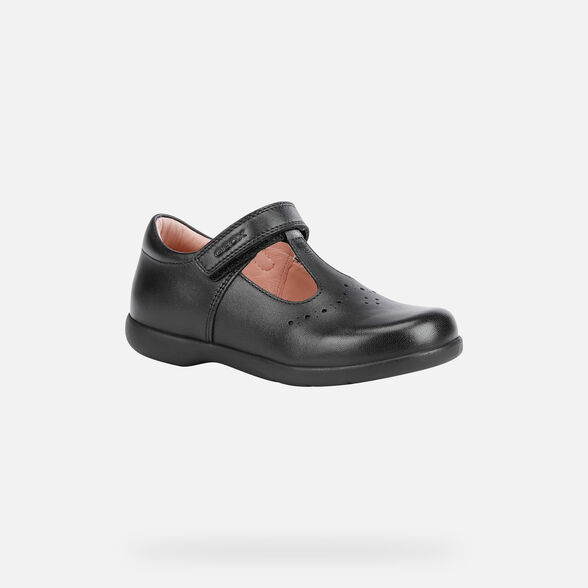 Geox Naimara G un toque de cuero ajustable con cierre de la escuela de chicas zapatos de patente negro
