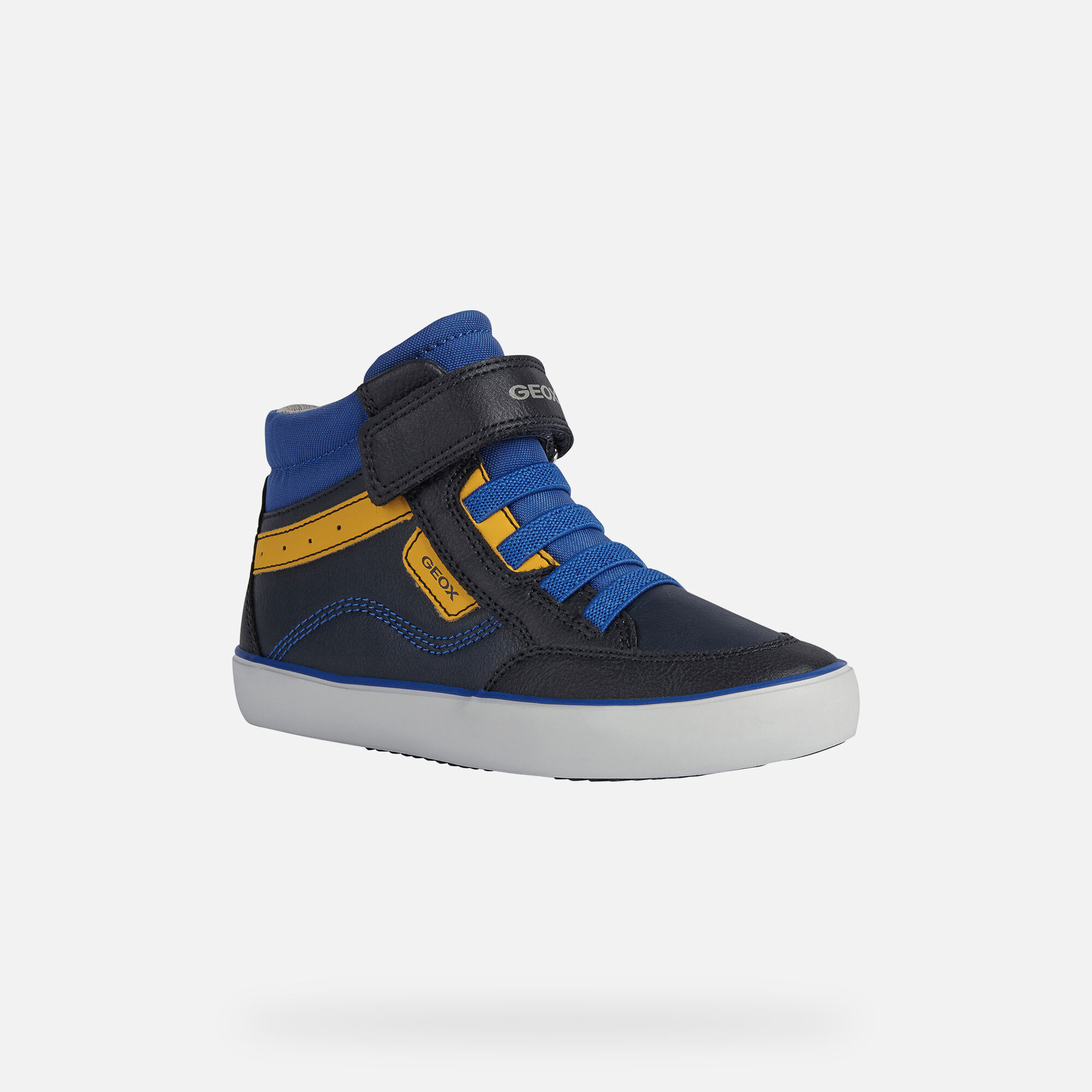 navy blue and yellow sneakers